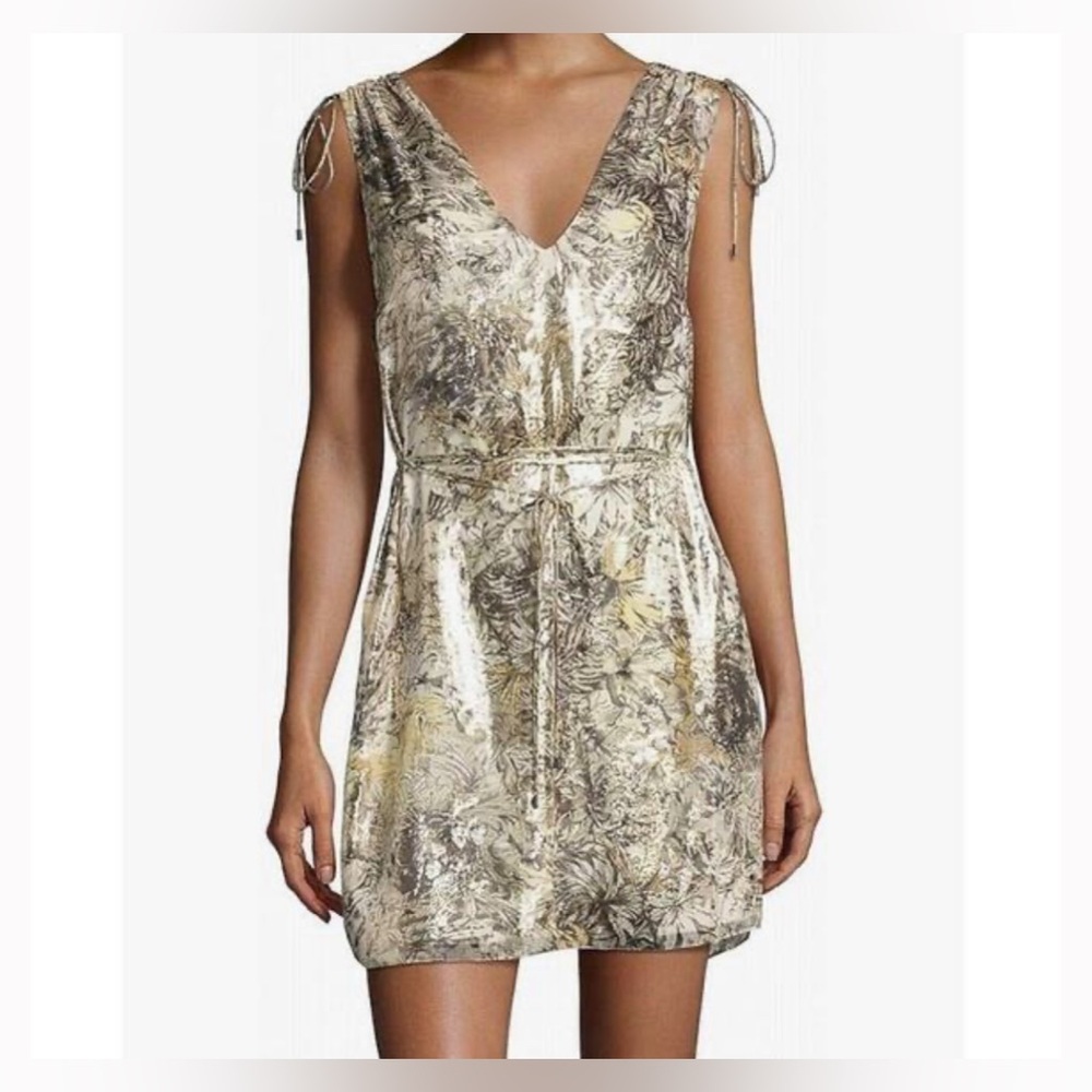 Haute Hippie Metallic Floral V-Neck Tie-Shoulder Mini Dress in Gold and Silver